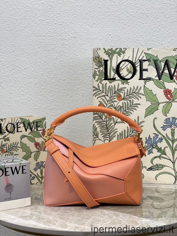 ρεπλίκα Loewe μικρό παζλ τσάντα ώμου σε πορτοκαλί ροζ δέρμα μοσχαριού 24x10x14 Cm