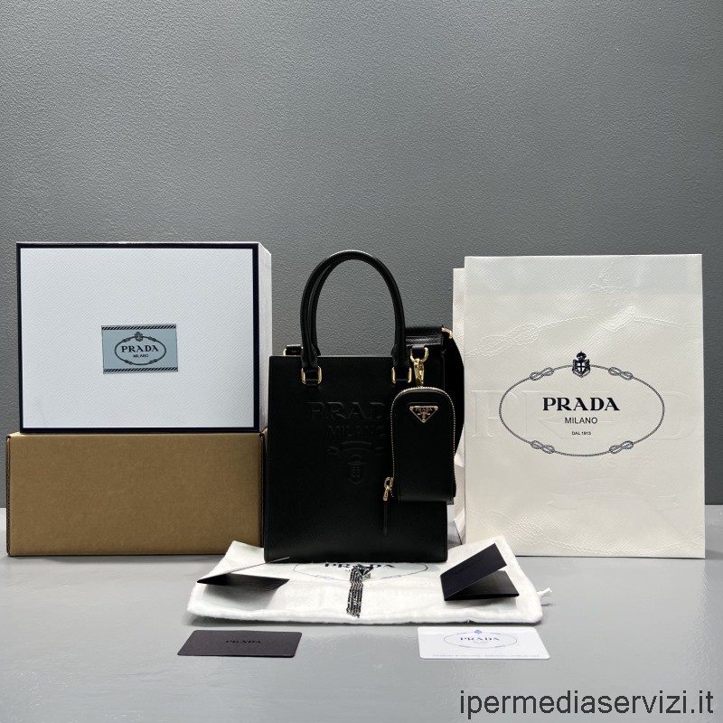 ρεπλίκα Prada μικρή τσάντα ώμου από δέρμα Saffiano με πουγκί σε μαύρο χρώμα 1ba333 19x17x6cm