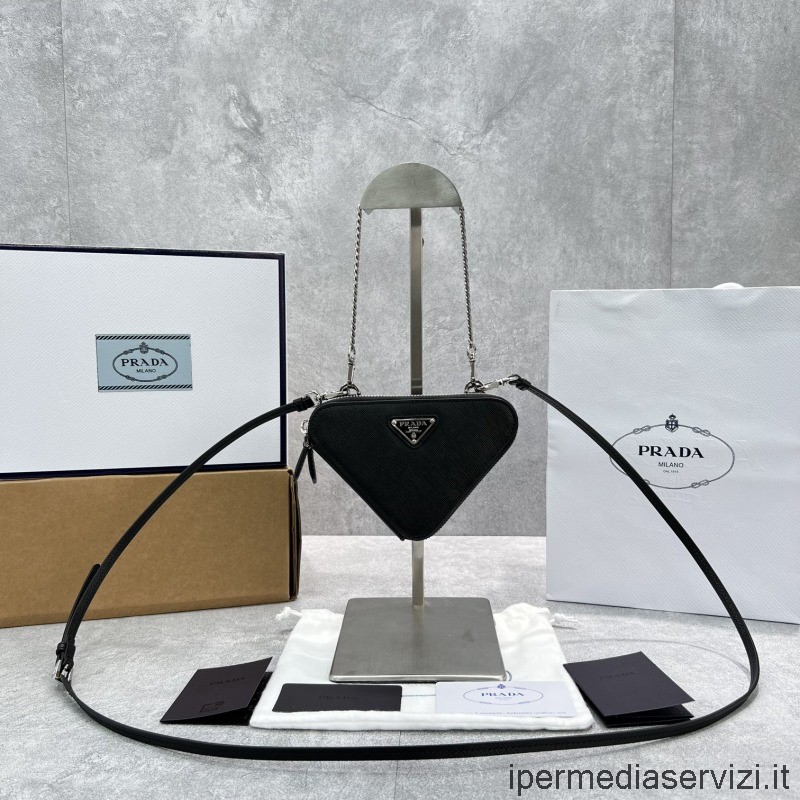 Ρεπλίκα Prada σε σχήμα τριγώνου μαύρο δέρμα Saffiano μίνι τσάντα ώμου 1nr015 15x10x5cm