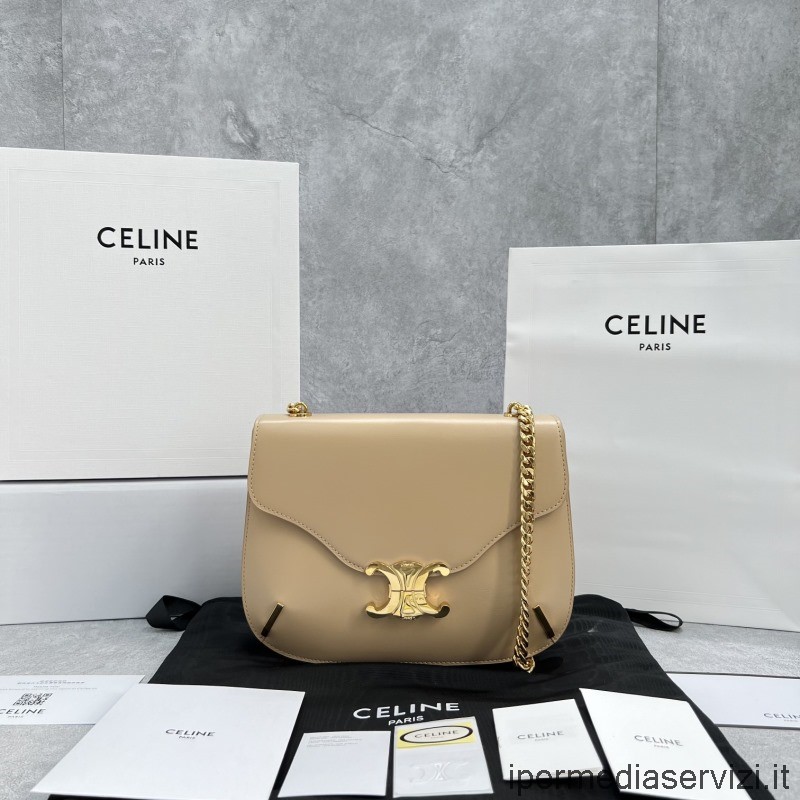 ρεπλίκα Celine μπεζ γυαλιστερή αλυσίδα από δέρμα μοσχαριού Besace Triomphe τσάντα ώμου 199273 24x17x4cm