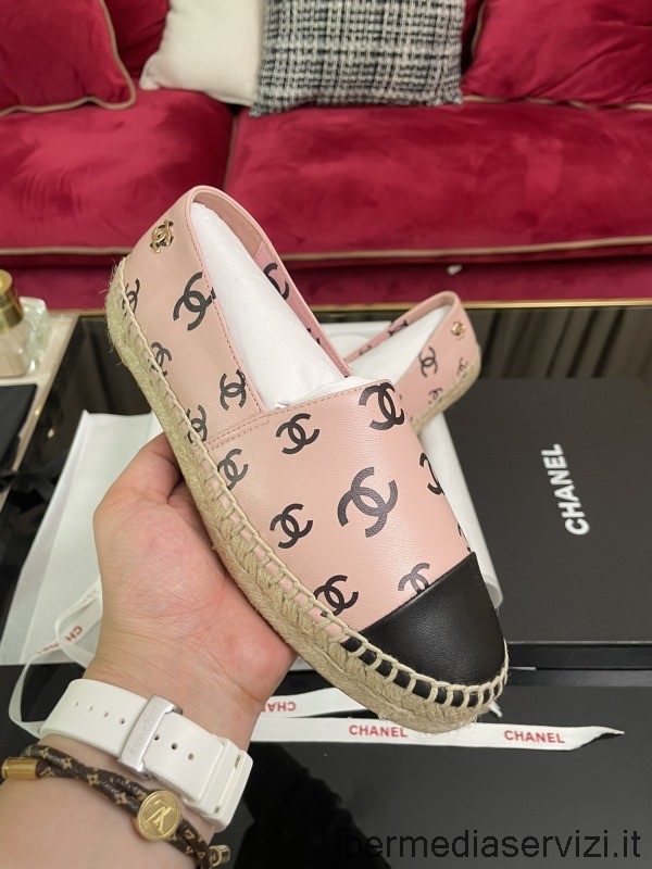 ρεπλίκα Chanel 2022 Allover Cc λογότυπο ροζ δερμάτινες εσπαντρίγιες ίσια παπούτσια 35 έως 42