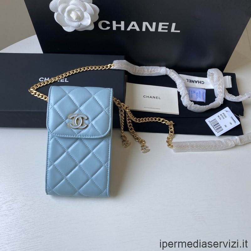 ρεπλίκα Chanel Cc θήκη τηλεφώνου με αλυσίδα σε γαλάζιο δέρμα αρνιού Ap2636 15x10x4cm