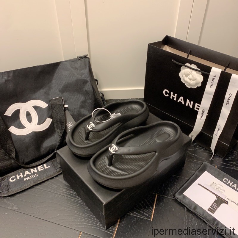 ρεπλίκα Chanel Vintage Cc λαστιχένιο στρινγκ πέδιλο μαύρο 35 έως 45