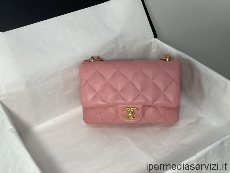 ρεπλίκα Chanel μικρό πτερύγιο τσάντα με αλυσίδα σε ροζ δέρμα αρνιού As3214 17x21x6cm