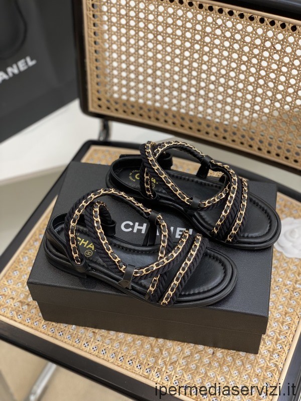 ρεπλίκα Chanel το δερμάτινο πέδιλο με αλυσίδα από σχοινί σε μαύρο 35 έως 41