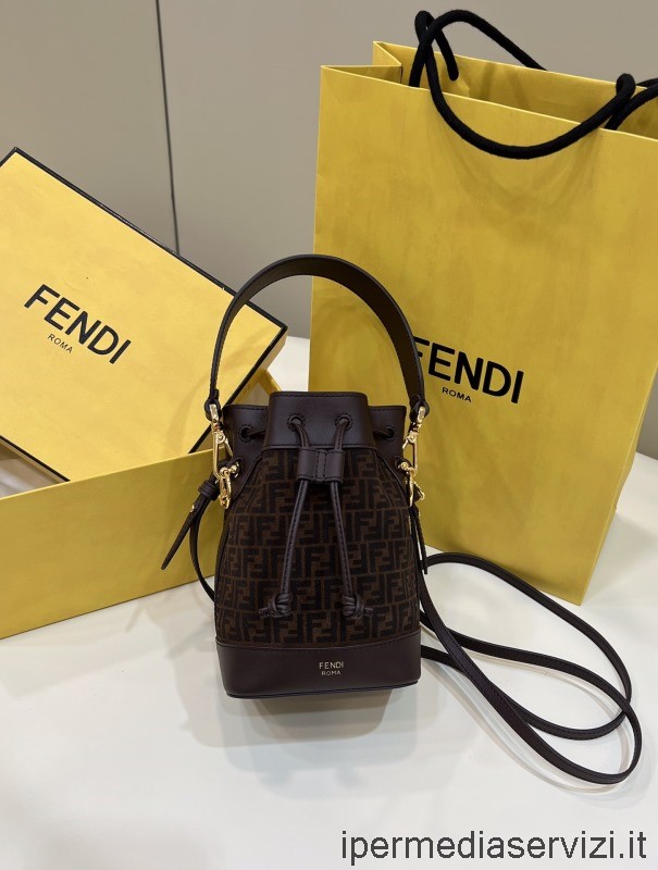 ρεπλίκα Fendi Mon Tresor Mini Bucket Bag σε καφέ δέρμα με στάμπα Ff 8365 12x10x19cm