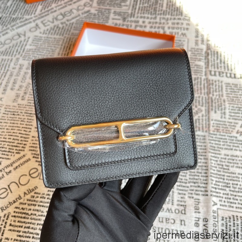 ρεπλίκα Hermes Vip Roulis λεπτό πορτοφόλι σε μαύρο Evercolor δέρμα μοσχαριού με τσαντάκι αλλαγής με φερμουάρ 12x10x3cm