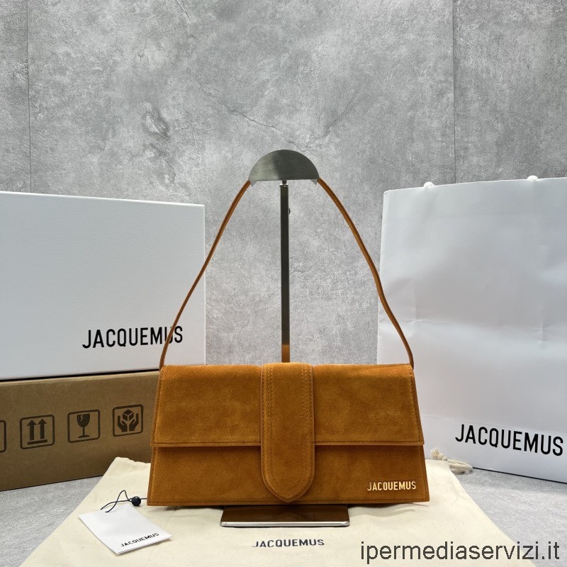 ρεπλίκα Jacquemus Le Bambinou Logo Plaque Tote Bag σε καφέ δέρμα σουέτ 28x13x6cm