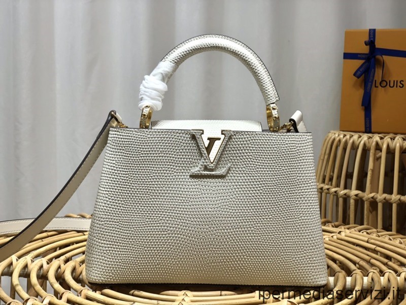 ρεπλίκα Louis Vuitton Capucines Bb Tote τσάντα ώμου σε λευκό ανάγλυφο δέρμα σαύρας N98093 M48865 27x18x9cm