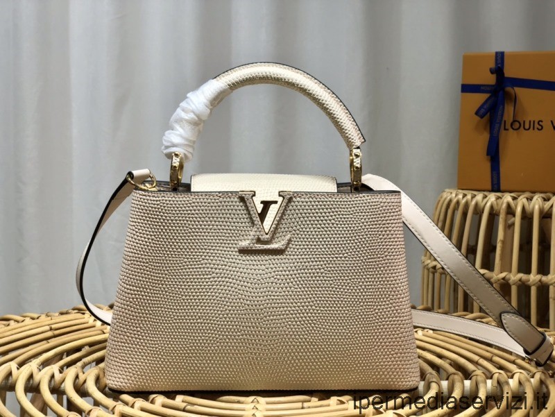 ρεπλίκα Louis Vuitton Capucines Bb Tote τσάντα ώμου σε μπεζ ανάγλυφο δέρμα σαύρας N98093 M48865 27x18x9cm