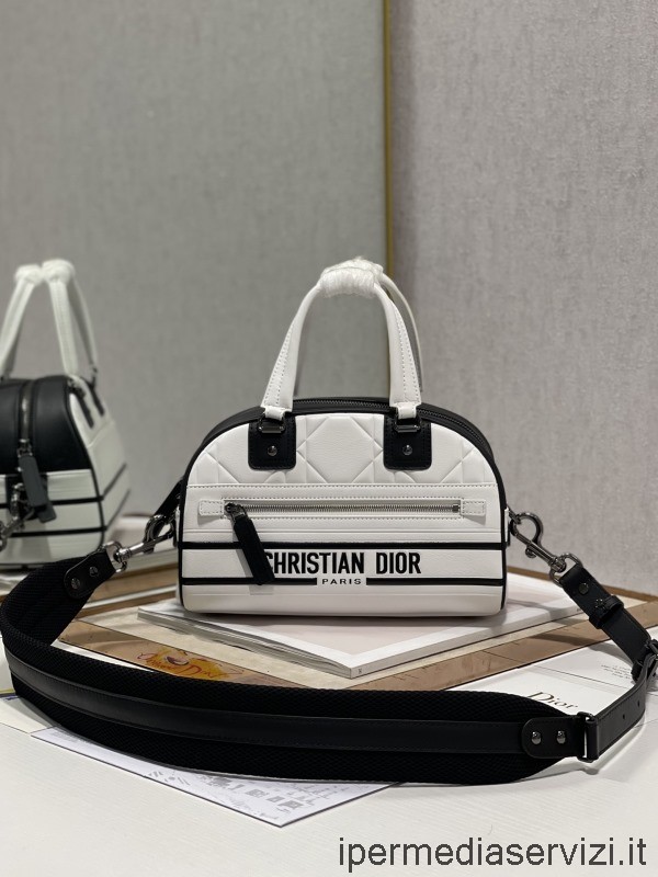 ρεπλίκα ντιόρ μικρή τσάντα μπόουλινγκ Dior Vibe με φερμουάρ σε λευκό μαύρο λείο δέρμα μοσχαριού 25x13x16 Cm