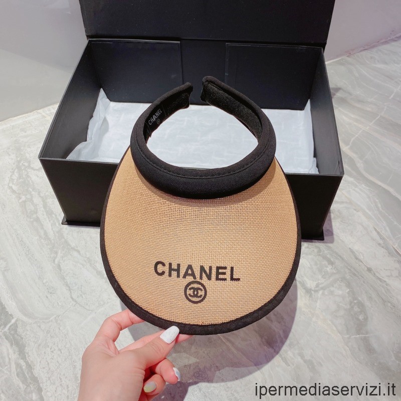 ρεπλίκα Chanel χακί μπεζ καπέλο προσωπίδας ραφίας