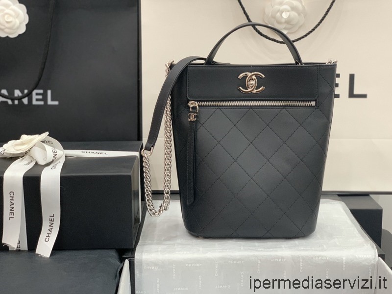 ρεπλίκα Chanel μεσαίο κουβά τσάντα για ψώνια σε μαύρο δέρμα μοσχαριού 20x24x10cm