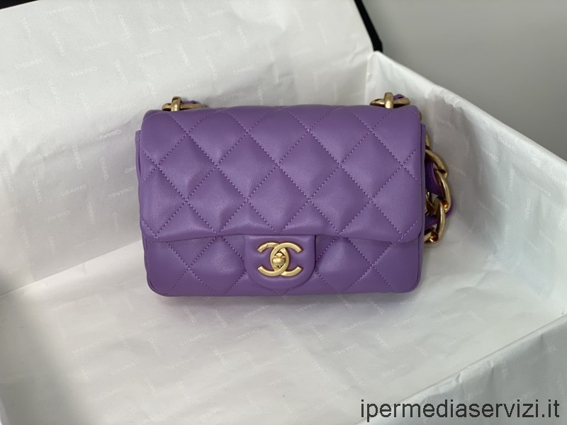ρεπλίκα Chanel μικρό πτερύγιο τσάντα με αλυσίδα σε μωβ δέρμα αρνιού As3214 17x21x6cm