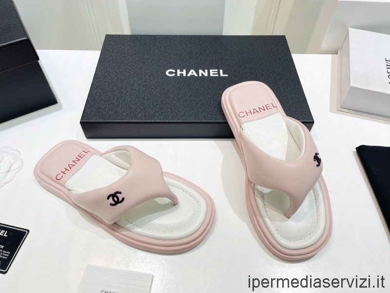 ρεπλίκα Chanel 2022 Cc Logo δερμάτινο στρινγκ πέδιλο σε ροζ 35 έως 40