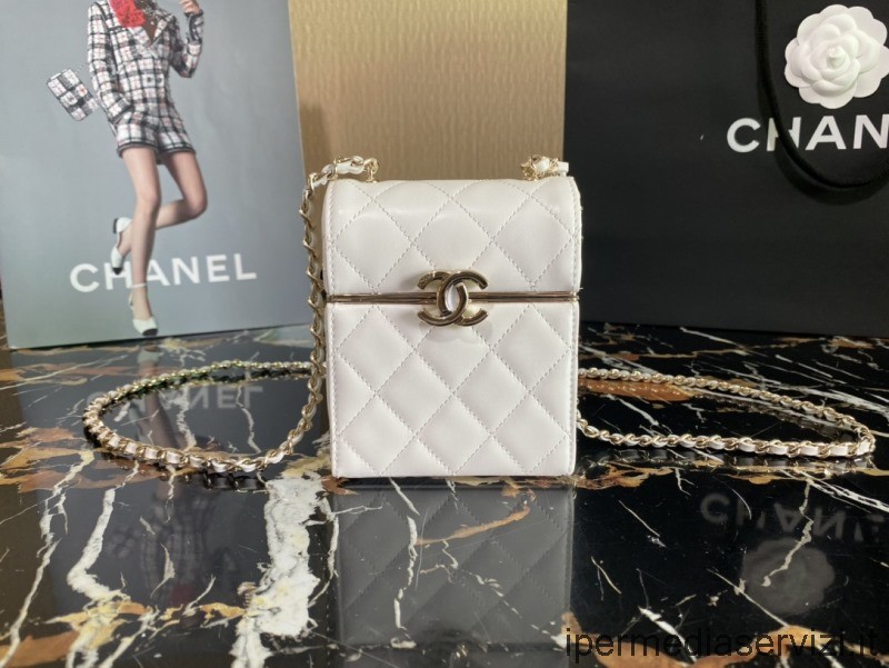 ρεπλίκα Chanel 2022 μικρό κουτί με αλυσίδα σε λευκό δέρμα αρνιού Ap2656 12x10x4cm