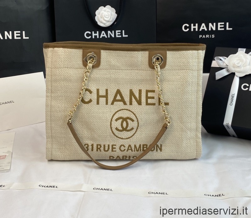 ρεπλίκα Chanel μικρή τσάντα ώμου με αλυσίδα για ψώνια Deauville σε μπεζ χρώμα A67001 33x14x24cm