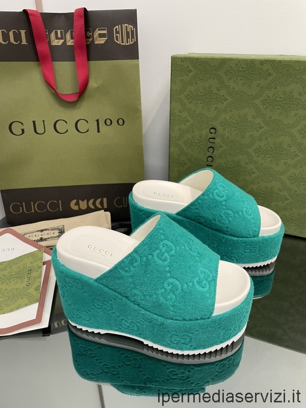 ρεπλίκα Gucci Platform Wedge Slide πέδιλο σε πράσινο Gg βελούδο 35 έως 43