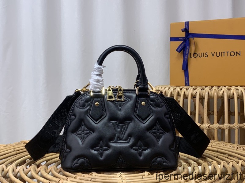 ρεπλίκα Louis Vuitton Alma Bb Tote τσάντα χιαστί ώμου σε μαύρο καπιτονέ και κεντημένο λείο δέρμα μοσχαριού M59793 24x18x12cm