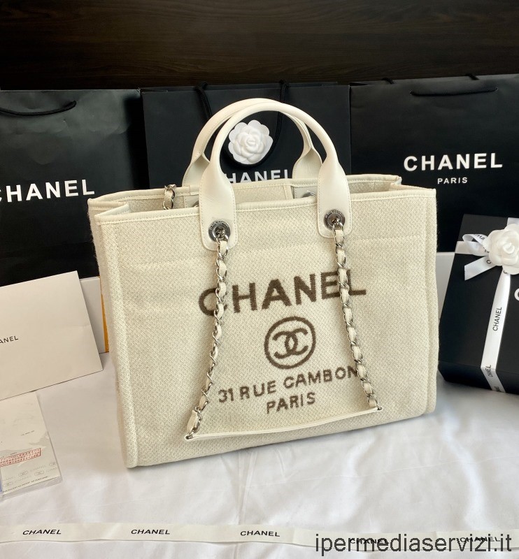 ρεπλίκα Chanel μεγάλη τσάντα ώμου με αλυσίδα για ψώνια Deauville σε εκρού A66941 38x32x18cm