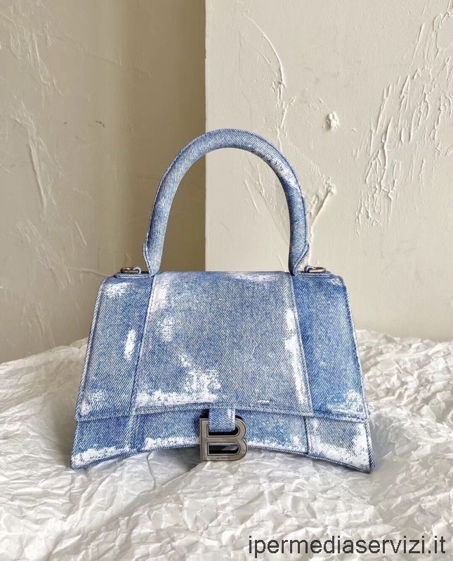 Replica Balenciaga Hourglass Small Crossbody Handbag in Blue Denim Printed Nappa Calfskin 23x15x10CM