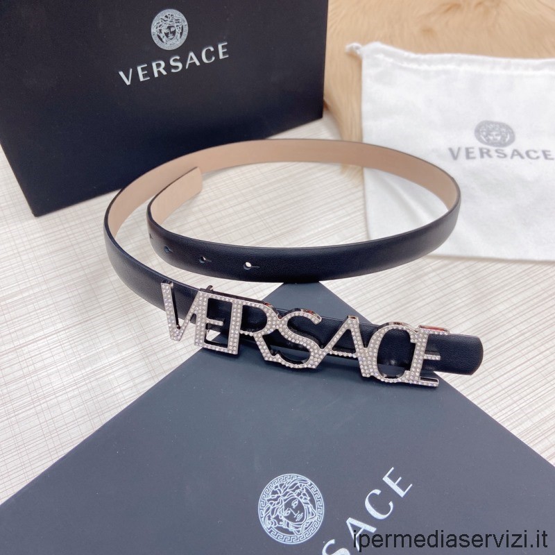Replica Versace Crystal VERSACE Logo Leather Belt in Black 20MM