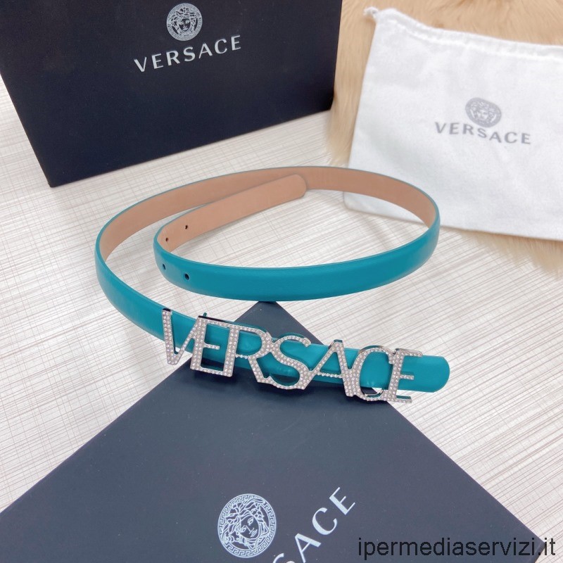 Replica Versace Crystal VERSACE Logo Leather Belt in Bluish Green 20MM