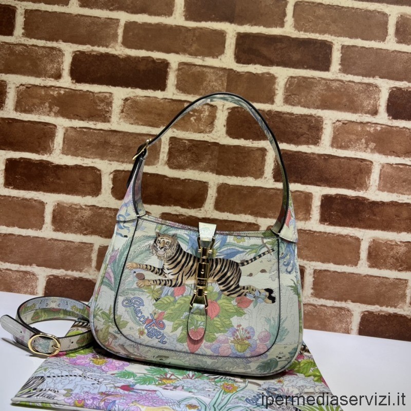 Replica Gucci Tiger Jackie 1961 Small Hobo Shoulder Bag in Tiger and Flower Print Off White Leather 636709 28x19x4CM