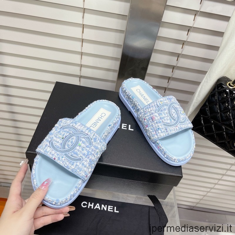 Replica Chanel 2022 CC Logo Blue Tweed Slide Flat Sandal 35 To 41