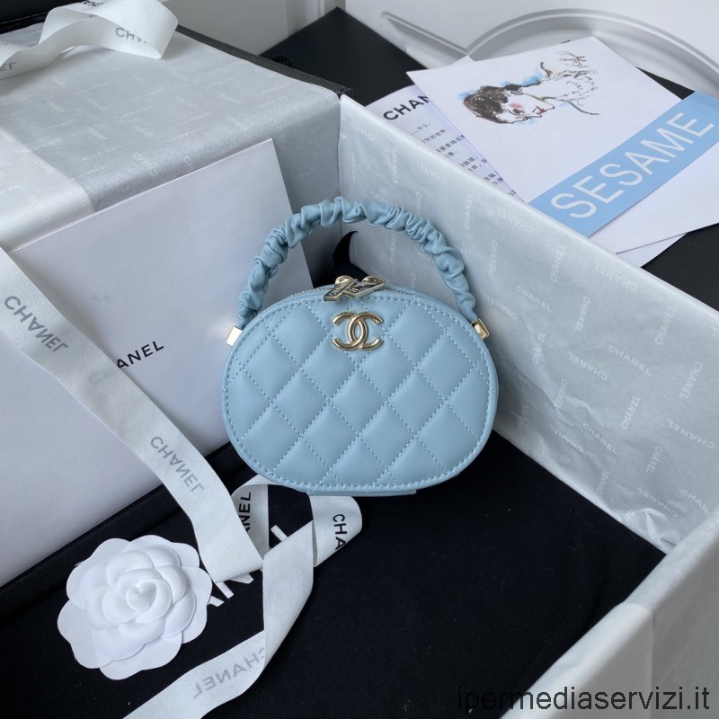 Replica Chanel 2022 Vanity Case with Top Handle in Light Blue Shiny Lambskin AP2731 9x13x5CM