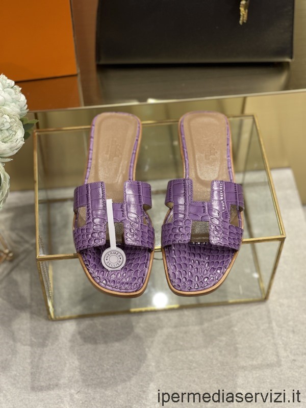 Replica Hermes Oran Slide Sandal with H Cut Out in Purple Crocodile Embossed Leather 35 To 42