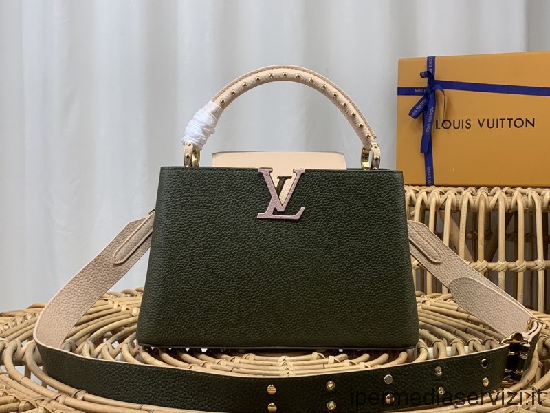Replica Louis Vuitton Capucines PM Tote Shoulder Bag with Studs in Green Pink Leather M58695 M48865 31x20x10CM