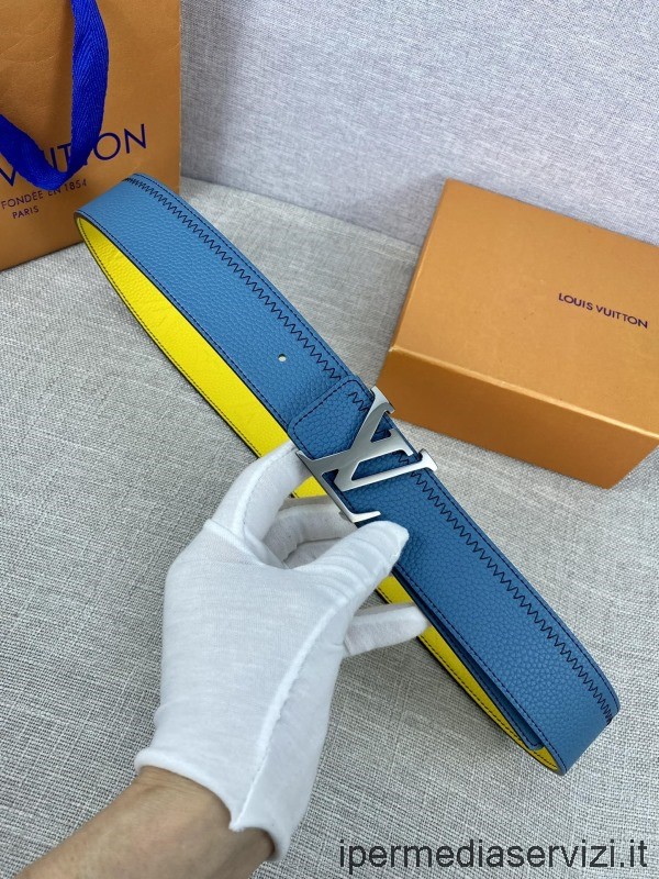Replica Louis Vuitton LV Initiales Color Blocks Calf Leather Belt in Blue Yellow