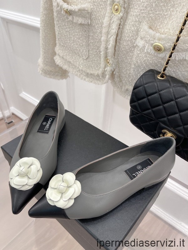 Replica Chanel Camellia Flower Gray Leather Ballet Flat 35 To 41