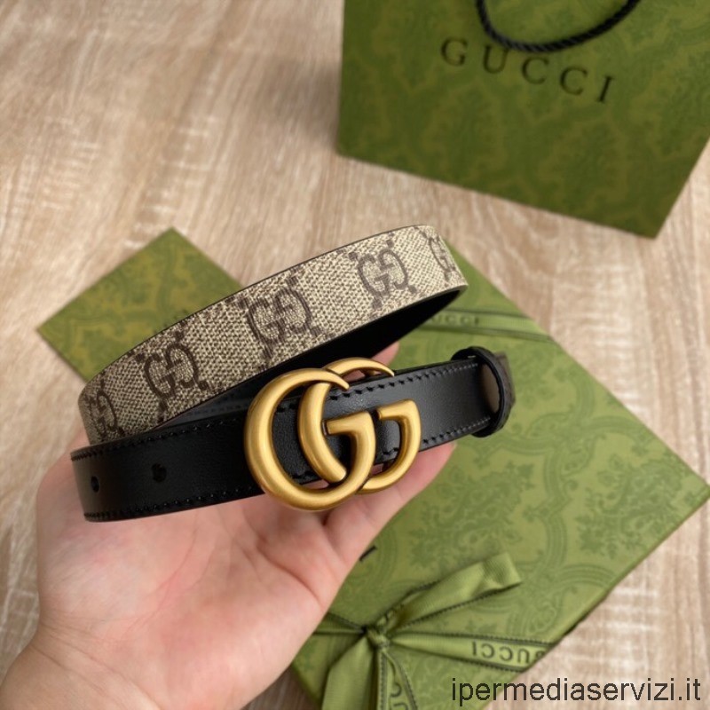 Replica Gucci Double G Buckle GG Supreme Canvas and Black Leather Belt 20MM