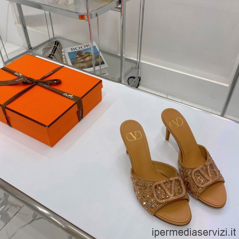 Replica Valentino Crystal Vlogo Heeled Slide Sandal in Beige 85MM 35 To 43