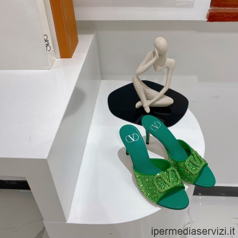 Replica Valentino Crystal Vlogo Heeled Slide Sandal in Green 85MM 35 To 43