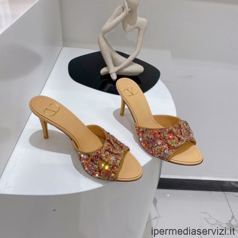 Replica Valentino Crystal Vlogo Heeled Slide Sandal in Multicolor 85MM 35 To 43
