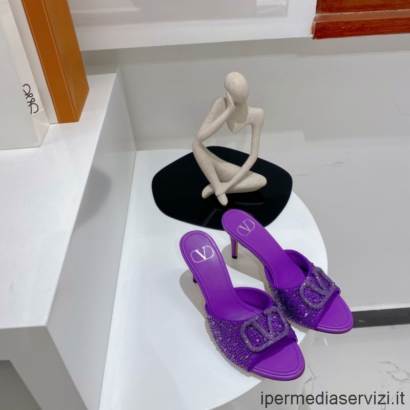 Replica Valentino Crystal Vlogo Heeled Slide Sandal in Purple 85MM 35 To 43