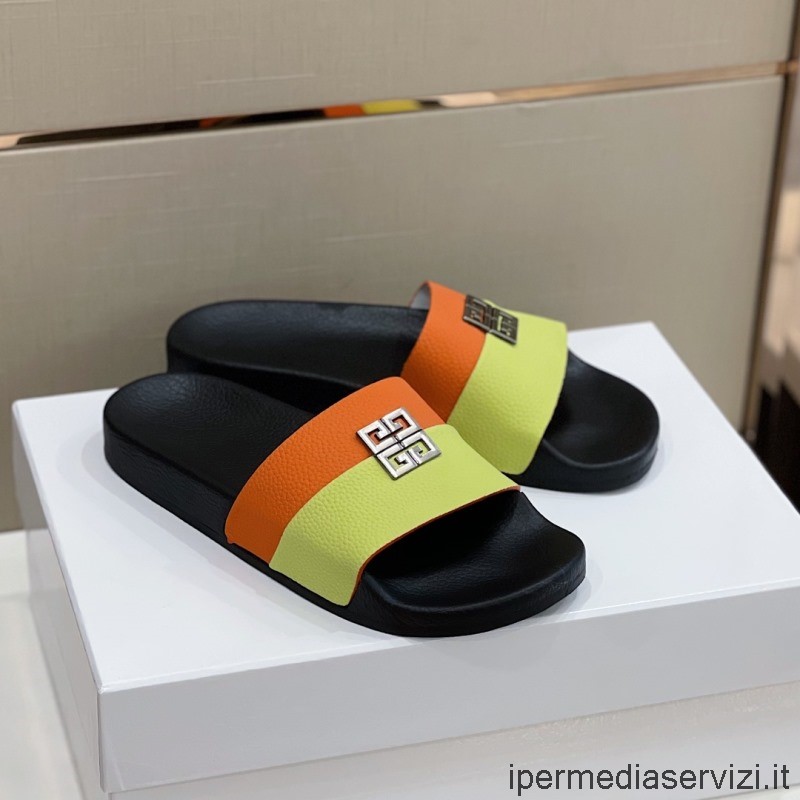 Replica Givenchy Paris Mens Slide Sandal in Orange Yellow Leather 38 To 45