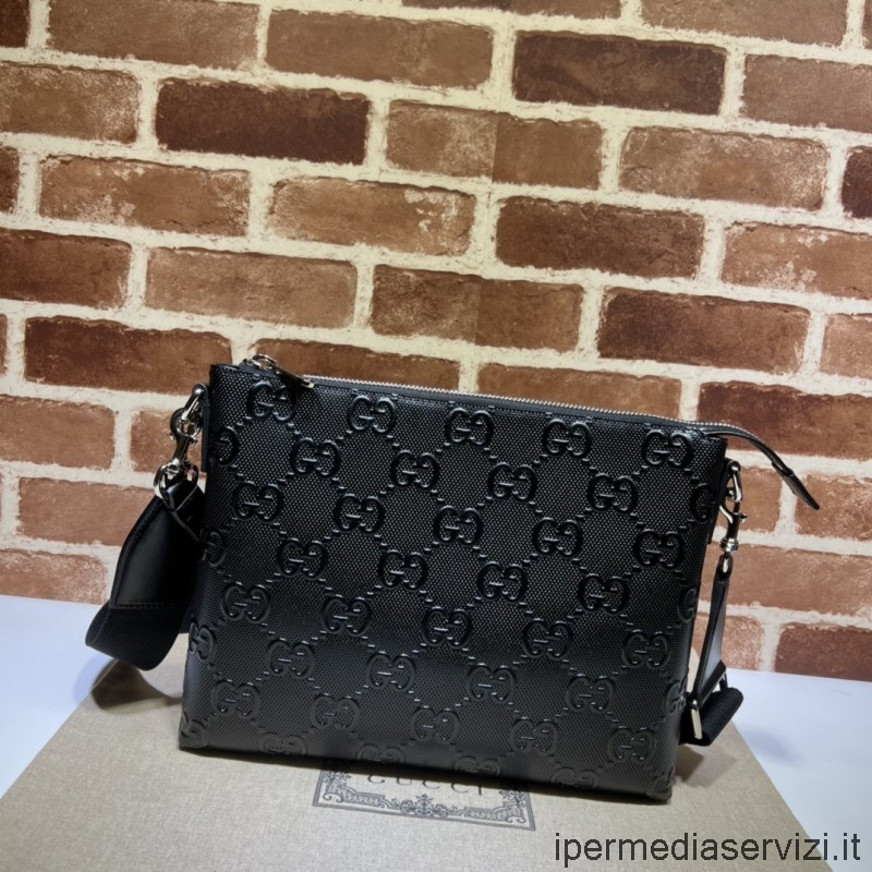Replica Gucci GG Embossed Medium Messenger Bag in Black GG Embossed Leather 696009 31x24x5CM