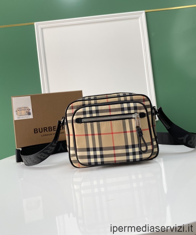 Replica Burberry Archive Beige Vintage Check and Leather Crossbody Bag 22x8x14
