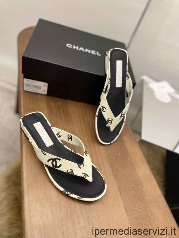 Replica Chanel 2022 CC Logo Leather Thong Sandal in Beige 35 To 40
