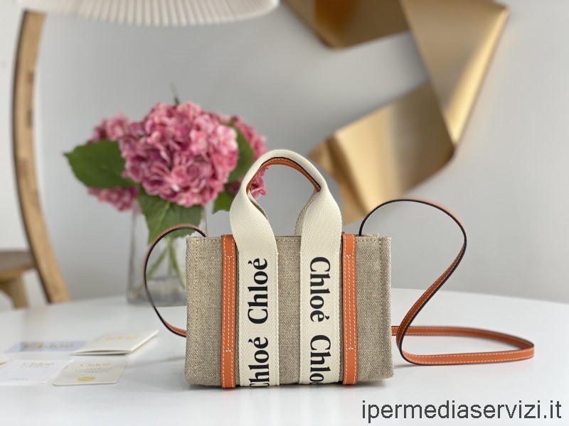 Replica Chloe Mini Woody Tote Shoulder Bag in Linen Canvas and Light Orange Calfskin 20x14x6CM