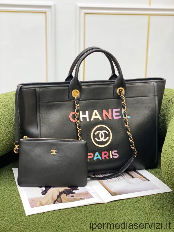 Replica Chanel 2022 Black Calfskin Aged Large Shopping Tote Bag A66941 30x50x22CM