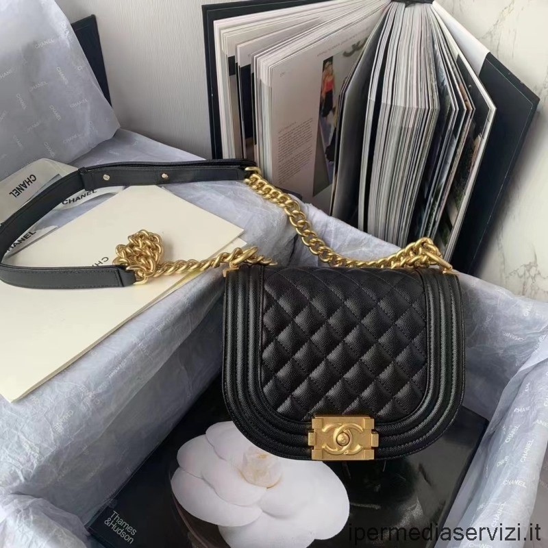 Replica Chanel 2022 Black Caviar Grained Calfskin Small Boy Chanel Messenger Bag AS3350 19x15x7CM