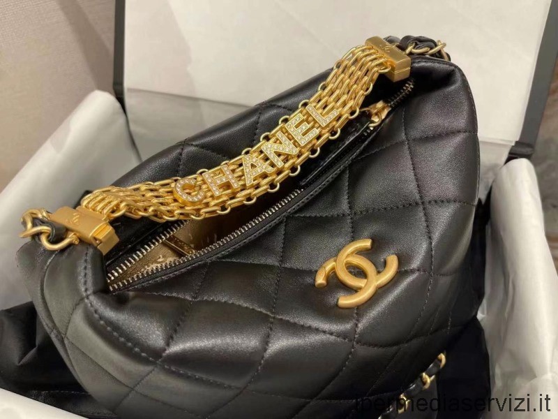 Replica Chanel 2022 Small Hobo Handbag with Chain in Black Lambskin AS3242 20x17x12CM