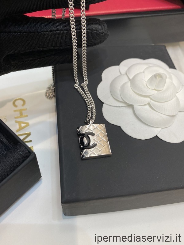 Replica Chanel Silver Black Cambon CC Quilted Drop Dangle Pierced Pendant Necklace