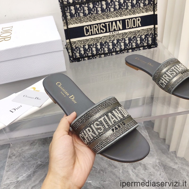 Replica Dior Dway Slide Sandal in Gray Cotton Embroidered with Metallic Thread 35 To 42