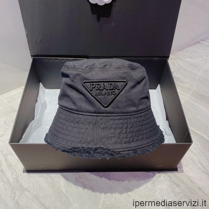 Replica Prada Black Drill Bucket Hat with Embroidered Triangle Logo